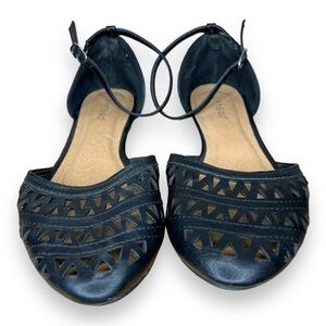 Size 7.5 Bamboo Black Faux Leather  Ankle Strap Sandals Flats Retro Pinup